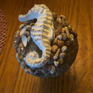 Seahorse w shells on 6” gold sphere