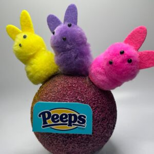 Easter Peeps (3) yellow, purple , and pink on multi colored 6” Sphere.
